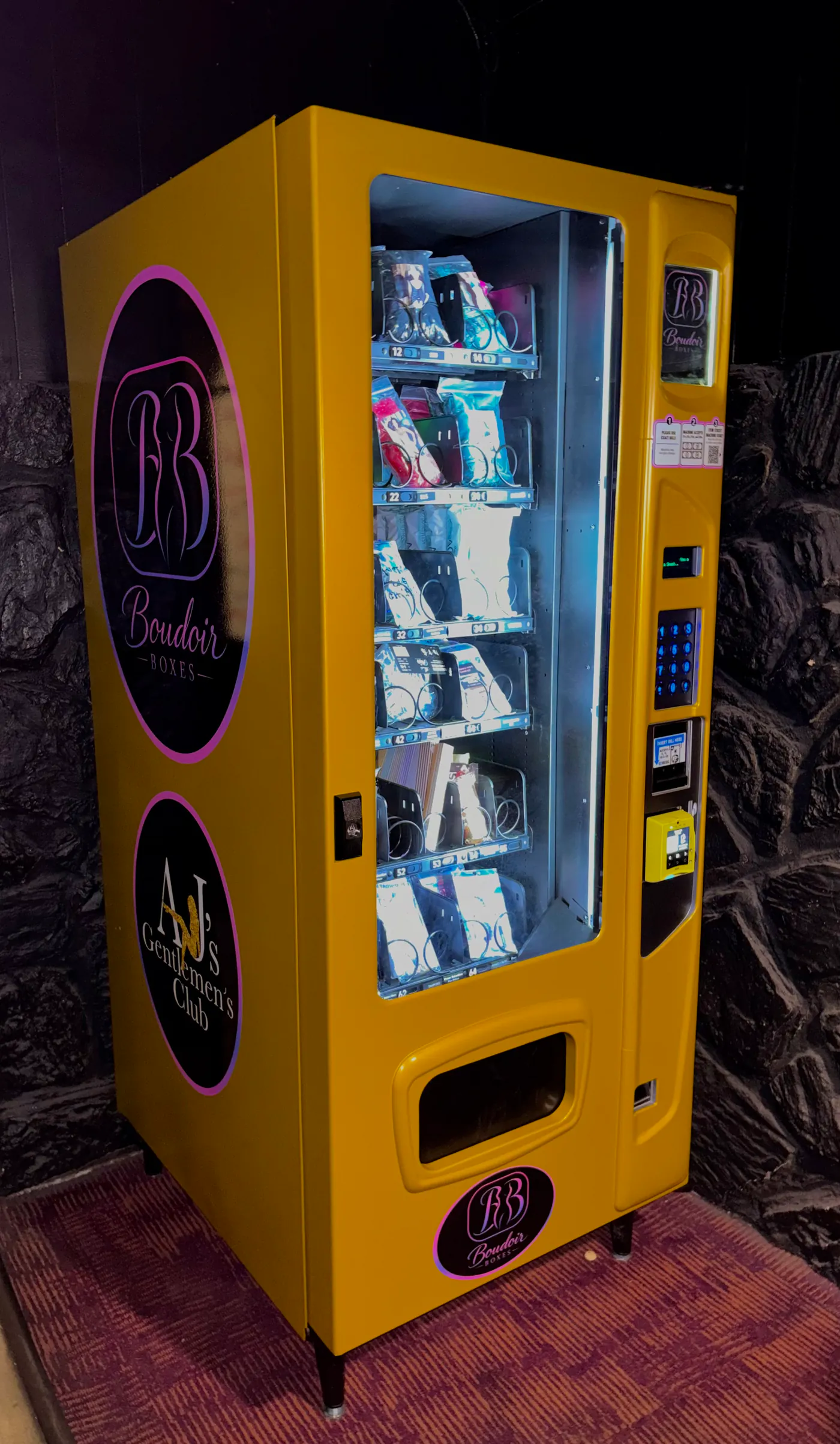Stocked Boudoir Boxes machine installed at AJ's Gentlemen's Club